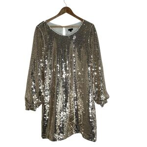 NBD Gold Sequins Long Puff Sleeve Holidays New Years Sparkly Shift Mini Dress XS